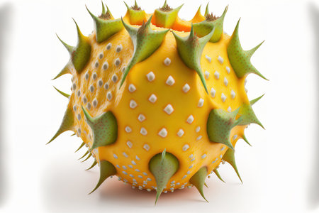 Horned melon, often known as a kiwano, or Cucumis metuliferus, isolated on a white studio backgroundの素材