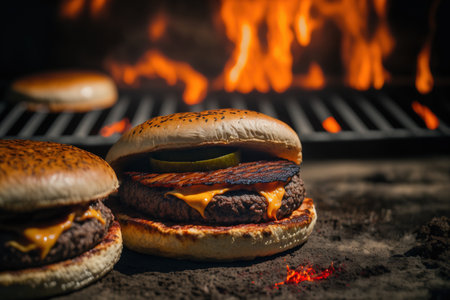 Homemade hamburgers in close up with flames on the fireの素材