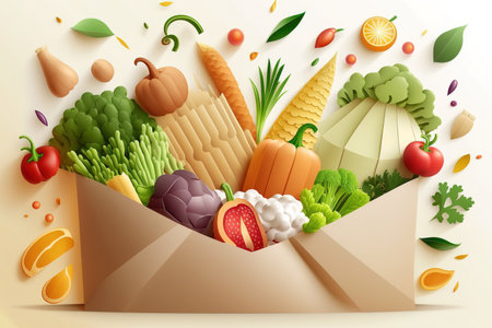 Healthy food background. Healthy vegan vegetarian food in paper bag vegetables and fruits on white, copy space, banner. Shopping food supermarket and clean vegan eating conceptの素材