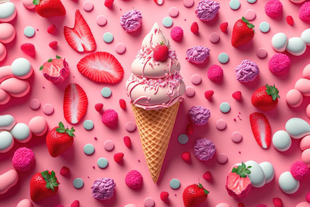 Idea for a pink summer background. Ice cream waffle cone filled with pastel macarons, strawberries, and raspberries for a vibrant treatの素材