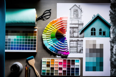 House blueprint, repair equipment, and paint palette. selective attention. Colorの素材