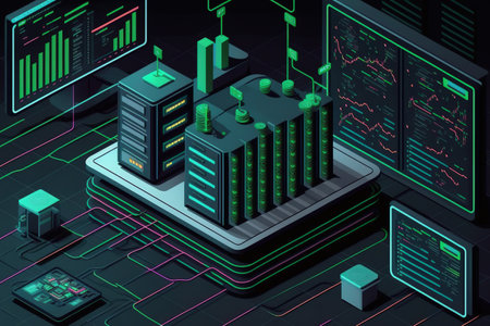 Icons, the stock market, and data processing are shown over a server room. Digitally created graphic of the concepts of data processing, technology, and worldwide businessの素材
