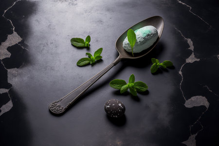 Ice cream spoon and mint leaves with a background of stone and slateの素材