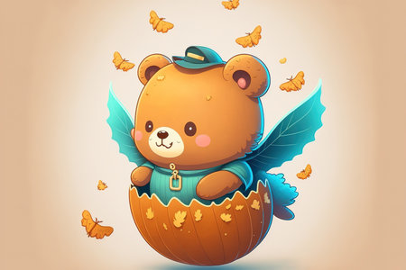 Illustration of a cute little bear flying a pumpkin for Halloweenの素材