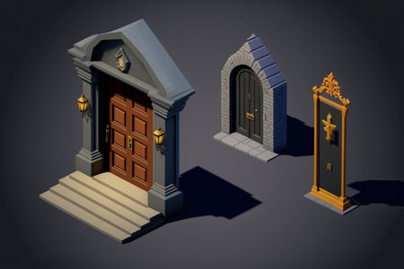 Icons for the entryway. Building entrance, open door, emergency exit. Icons for closed doorways, doorframes, and house entrances are shown. Doorknob, front door, and building entrance. Gate inside, twの素材