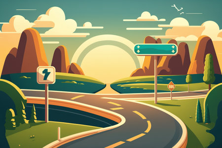 Illustration of a roadside commercial for travel and tourism, with lonely, bending highway and road signsの素材