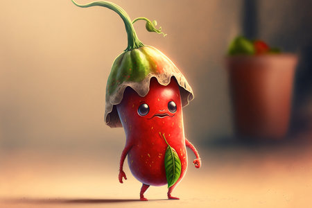 Illustration of an adorable red chili cartoon figure in watercolorの素材