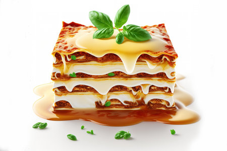 Hot, appetizing lasagna on a white background. traditional lasagna from Italy. Italian cuisine. Lasagne up close. sauce alla bolognese. Buttermilk sauce. Food that is still alive. homemade lasagna witの素材