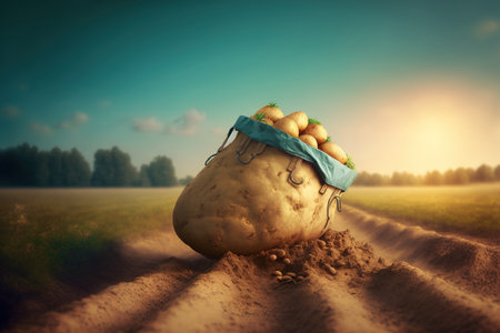 In the busket, a fresh potato. Harvesting organic fresh potatoes from the ground in a field. selective attentionの素材