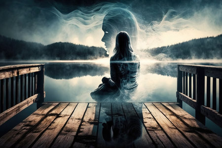 In the fantastical world of magic, self reflection. On a wooden pier, one woman is seated. hazy over the lake. extended exposureの素材