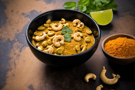 Indian kaju masala, sometimes referred to as cashew curry or kaju curry, is served in a bowlの素材