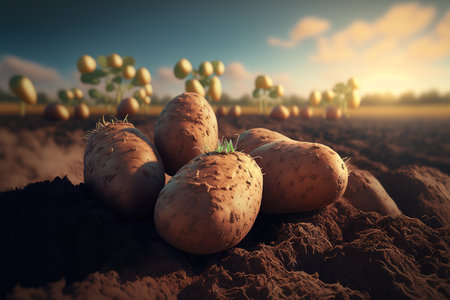 In an idea of food agriculture, freshly dug or harvested potatoes are seen in a farm field at a low angle on the rich, brown soilの素材