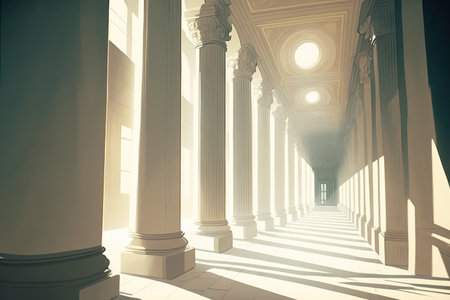 In a long, white hallway, the sunshine filters through the columnsの素材