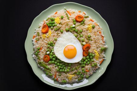 home made fried rice with a variety of vegetables corn, green beans, peas, and carrots and an eggの素材