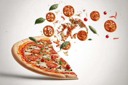 Ingredients flying in the air in a freshly baked spicy pizza, isolated on a white backdropの素材