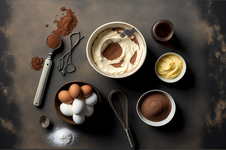 Ingredients for tiramisu, top view classic recipe. Mascarpone cheese, coffee, chocolate, lady fingers, sugar, and eggs in a bowl. traditional dessert from Italy. Brown fabric, a gray concrete backgrの素材