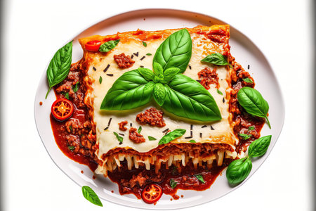 homemade Italian lasagna portion. Delicious bolognese beef sauce topped lasagne isolated on a white background. Recipe for Hot, Tasty Lasagna with Cheeseの素材