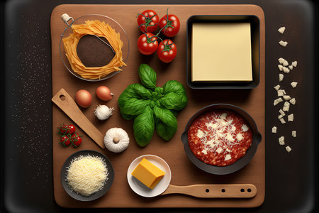 ingredients needed to make classic lasagna. Top view of a table with mince, pasta, cheese, tomatoes, and other itemsの素材