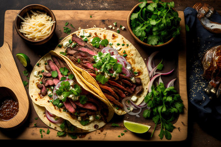 homemade steak steak tacos with onion and cilantroの素材