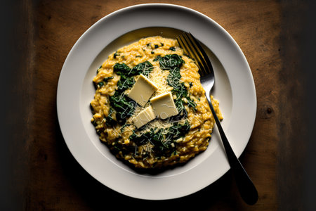 homemade spinach and cheddar cheese risotto prepared from creamy millet. For dinner or lunch, one serving of a nutritious vegetarian cuisine. a white plate and a golden spoon are shown up close on a hの素材