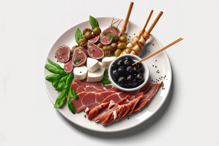 ham, prosciutto On a white dish, there is Parma ham, salami, smoked sausage, and olives with grissini breadsticks. serving appetizers during lunch, dinner, and special occasions. delivering food and cの素材