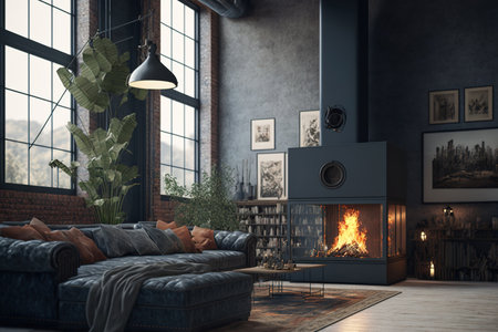 industrial style living room loft with a dark fireplaceの素材