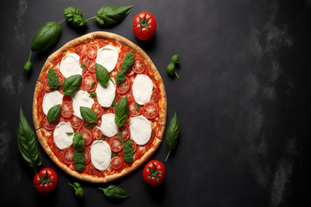 homemade pizza topped with basil, tomatoes, and mozzarella. top view of a dark stone table with a copy spaceの素材