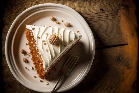 handmade carrot cake slice with cream cheese icing. A rustic white wood background may be seen from aboveの素材