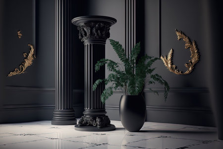Interior design concept in black baroque and classic style with realistic floor and marble columnの素材