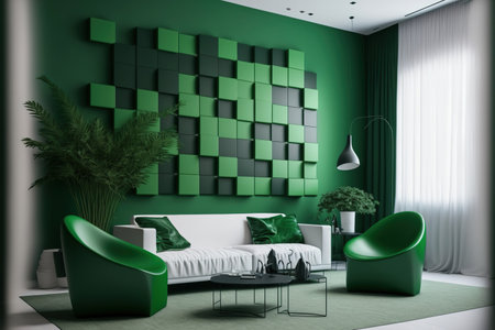 Interior decoration of a contemporary room with a block built green wall and furnishingsの素材