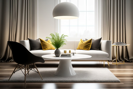 Interior Mockup and Scene sitting in a spacious, opulent, modern living room that has a dining area and vofa in the rearの素材