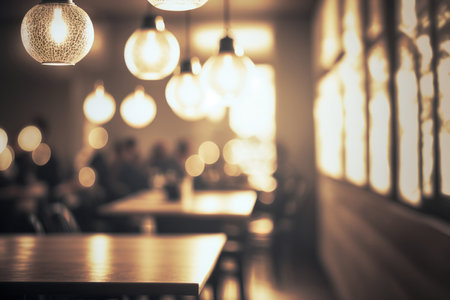 Interior design that is hazy in a cafe or restaurant with hanging lights and dazzling white illuminationの素材