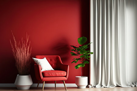 Interior mock up of a living room with a red blank wall, white chair, plant, and curtainの素材
