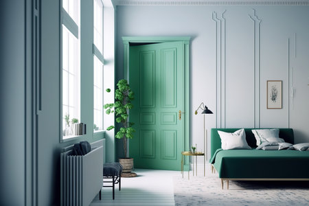 Interior design of a Scandinavian and antique living room, with an empty room and gentle green and blue walls on white floorsの素材