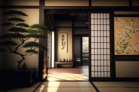 Interior design was created exclusively in Japanese style, with modern living and eating areas, a wood floor, tatami mats, and a traditional japanese doorの素材