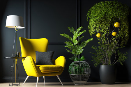 Interior of a contemporary living room with a black wall background, a yellow armchair, green plants, a lamp, and a tableの素材