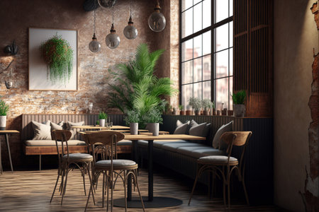 Interior of a modest, industrial restaurant with wooden tables and chairs adjacent to leather sofas and concrete walls and a hardwood floor. place a copyの素材