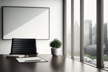 Interior of a modern workplace. conference desk Cityscape, with a large window. Mock up of a white wall copy spaceの素材