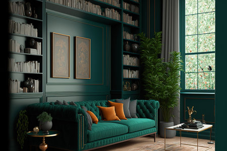 Interior of a contemporary, botanical living room with a comfortable, beige sofa, vintage furniture, a home library, and a teal green wallの素材