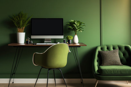 Interior of a modern living room with a desk next to a green wallの素材
