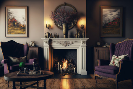 Interior of a lovely living room with a fireplace and chairsの素材