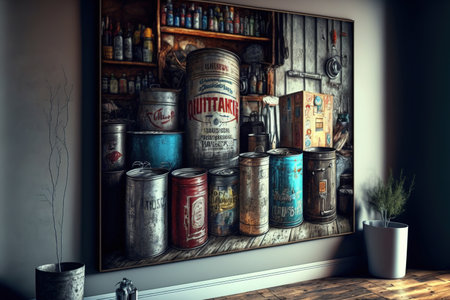 Interior of a vintage house made of tin cans and furnished with antiquesの素材
