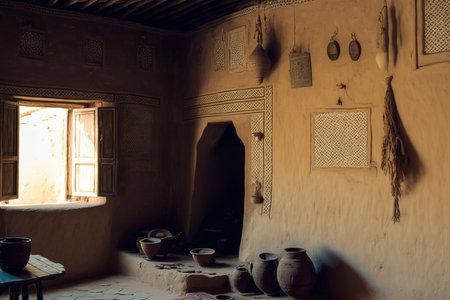 Interior of a traditional and historic Arab mud house in Saudi Arabiaの素材