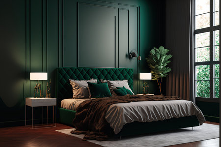 Interior of a modern bedroom in dark greenの素材