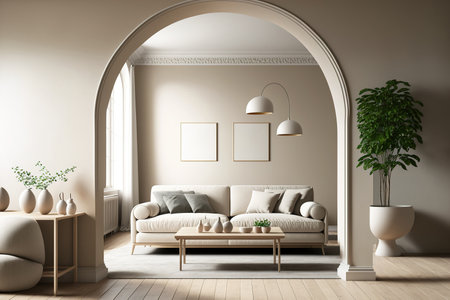 Interior of beige living room with wall arches, floor light, parquet, coffee tables, and sideboard in the backdrop. idea for a contemporary home designの素材