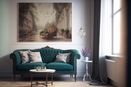 Interior of an elegant living room with a corner sofa and a vintage armchairの素材