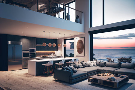 Interior of a luxury property, villa, with a modern living room and kitchen with a view of the oceanの素材