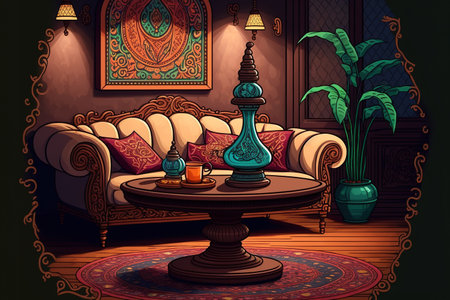 Interior of a traditional Arab living room. Round wooden table with a hookah and cushions, ceramic niche, stained glass lantern, screen, metal chest, and tiled floor. drawing of a cartoonの素材