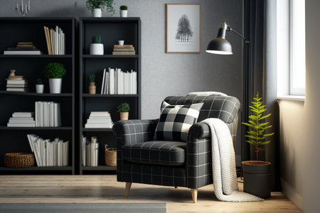 Interior of living room with a comfortable white leather armchair covered in plaid, a wooden coffee table with three sides, a floor lamp, and a bookshelf on the wall of gray concreteの素材