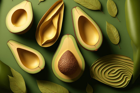 Inventive avocado based design. Lay flat. notion of food. macro level idea. Background is greenの素材
